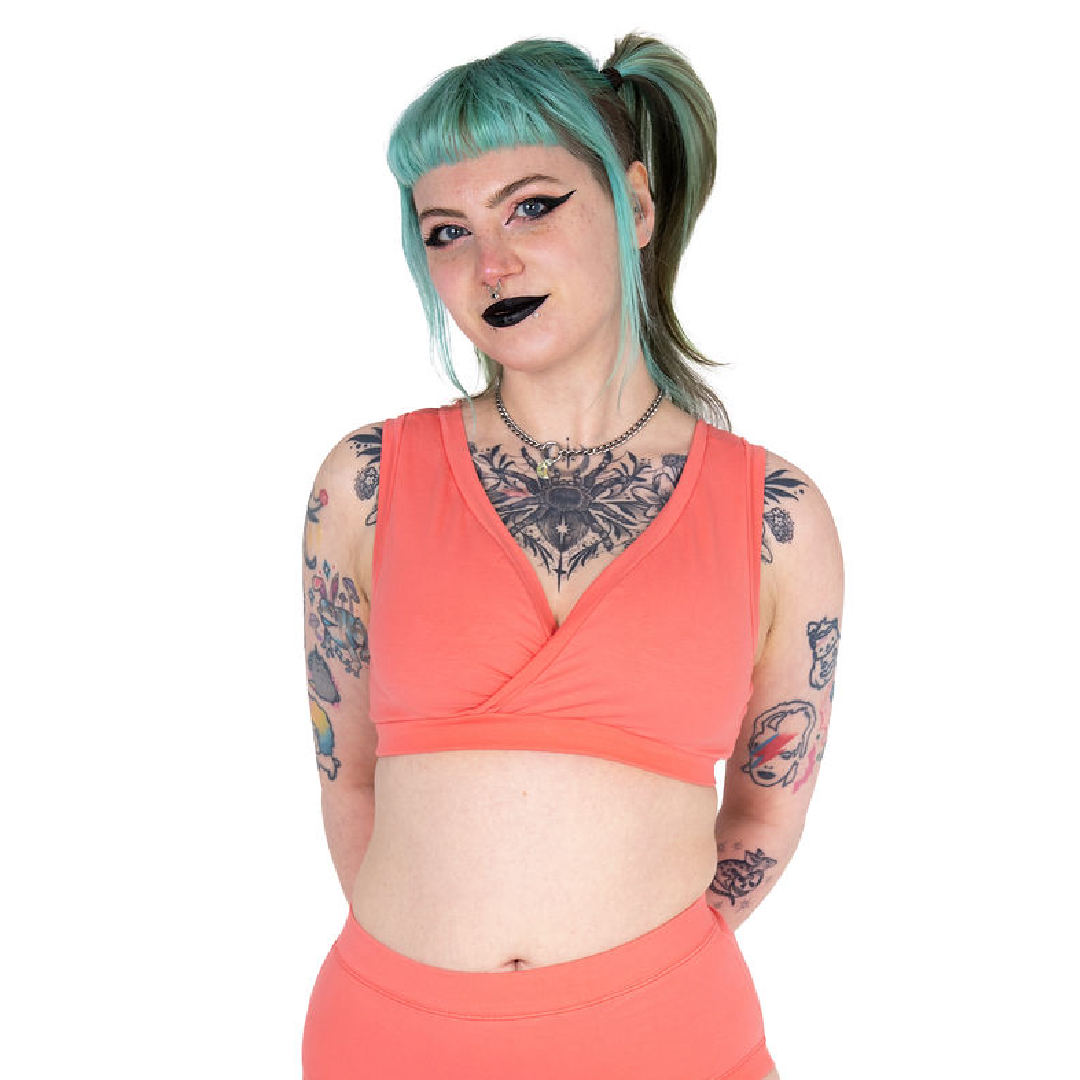 Faeryn is wearing a wireless coral bra and briefs